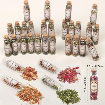 30 Pack Witchcraft Supplies Herbs, Dried Herbs and Flowers Bottles Kit for Witch Beginner, Wiccan, Wicca Altar Supplies, Magic Spell, Candle and Soap Making, with Witchy Spoon, Bell and More - style: 30 Herbal Jars