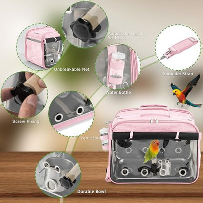 Bird Carrier Airline Approved, Bird Travel Cage with Indestructible Stainless Steel Mesh, Bird Travel Bag Lightweight and Portable with Water Bottle and Bowl - color: Pink
