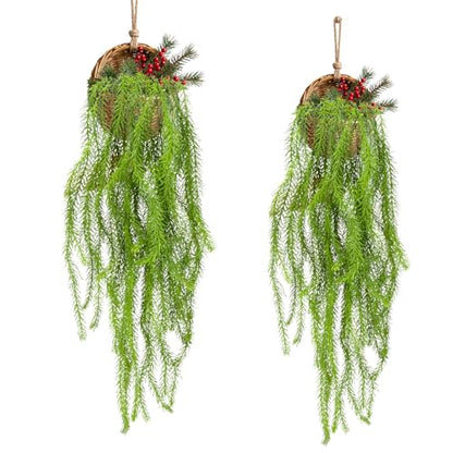 RAINFLOW 2PCS Christmas Fake Hanging Plants 36" Uv Resistant Artificial Pine Needle Hanging Vines, Fake Ivy Vines for Wall Shelf Patio Front Porch Christmas Decor(Basket and Berries Not Included)