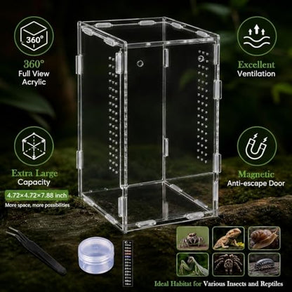 Acrylic Jumping Spider Enclosure, 4.72"×4.72"×7.88" Terrarium Habitat for Spiderling, Mantis, Tarantula, Snail & Small Reptiles, Includes Tweezer & Temperature Sticker