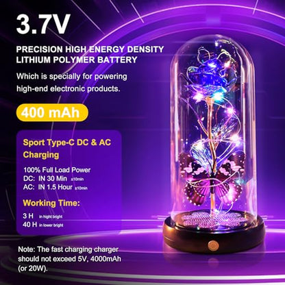 Mothers Day Rose Gifts for Mom Birthday Gift for Women, Rechargeable Galaxy Glass Rose in Glass Dome Crystal Roses Butterfly Mother's Day Flowers Gifts for Women Mom Wife Grandma Daughter, Purple - color: USB-B Purple