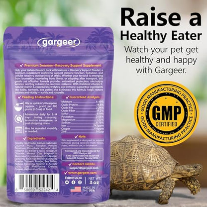 Gargeer Bounce Back Tortoise Immune & Recovery Support Powder Supplement 3oz, Electrolytes, Vitamin C & Immune Support for Sulcata, Red Foot & All Tortoise Species. Made in the USA. Enjoy!