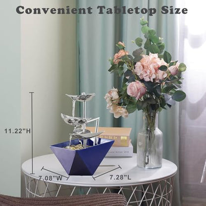 Tabletop Water Fountain Indoor - Handcrafted 3-Tier Waterfall 304 Metal | Easy "+" "-" On/Off Switch, Quiet Pump, Zen Relaxation for Office, Living Room, or Bedroom, Durable Desktop Fountain - color: Blue