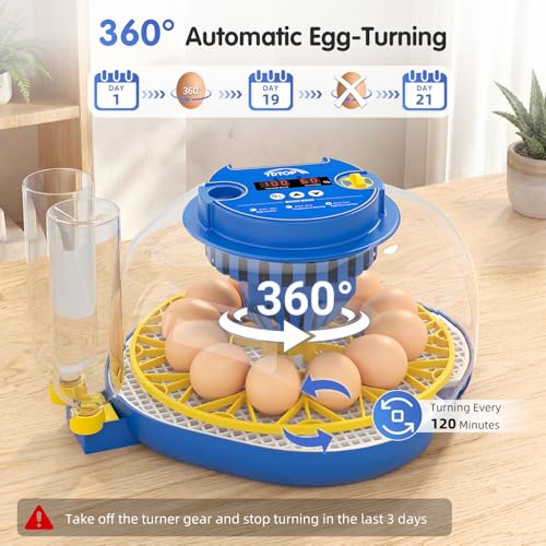 Chicken Egg Incubators for Hatching Eggs, 12 Egg Incubator with Automatic Egg Turning and Humidity Control – Chicken Incubators for Hatching Eggs with 360° View/Candler/Water Bottle Refill/Air Vent