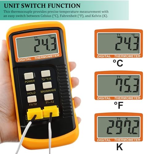 K Type Thermocouple Thermometer Dual Channels Thermocouple Tester (-58~2372°F) High Accuracy Temperature Kelvin Scale Meter with 2X Temperature Clamp & 2X Pipe Thermocouple Probes
