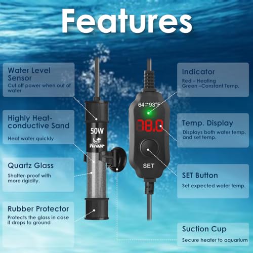 50W Compact Aquarium Heater for 5-10 Gallon Tanks | Super Short Submersible Fish Tank Heater with LED Digital Thermostat, Dry-Run & Overheat Protection, Memory Function - size: For Tanks 5-10 Gal