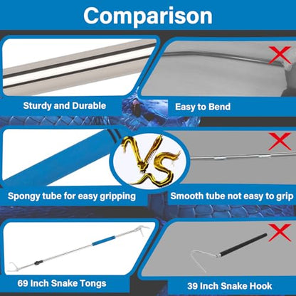 Snake Grabber Tool, 69" Snake Tongs Long Handle for Rattlesnake Reptile Tongs Heavy Duty Long Catcher Reach Grabber Stainless Steel Materials Sponge Handle Wide Jaw (69 inches) - size: 69"