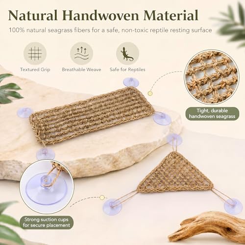 Dansydaisy 4 Pcs Bearded Dragon Reptile Hammock Small Set, Woven Lounger with Strong Suction Cups, Includes 2 Rectangle (19.7" x 7.9") and 2 Triangle (7.9" x 11.0") Climbing Beds for Geckos Iguanas - size: 19.7" X 7.9"，7.9" X 11.0"