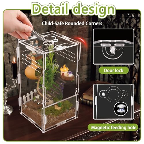 4x4x8 Inch Acrylic Reptile Terrarium，Front Opening Tarantula Enclosure with Swivel Lock & Magnetic Feeding Door，Small Spider Cage for Jumping Spider、Scorpion、Isopods、Snails