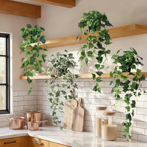 Artificial Hanging Plant with Pots, Fake Pothos Plant for Indoor Outddor, Set of 4 Trailing Faux Potted Plants, Fake Ivy Vines Greenery for Bedroom Kitchen Office Decor, Green White 33In - color: Dark Pothos + Ivy Set 4