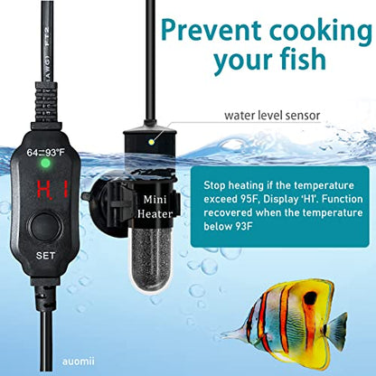 Mini Submersible Aquarium Heater, 25/50/100/150/200/300 Watts Adjustable Fish Tank Heater, Built-in Thermometer, External Temperature Controller, Smart Memory, Used for 1-60 Gallons (20W Plug) - size: 20W PLUG