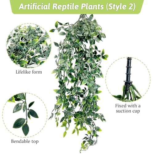 Hamiledyi 5 Pcs Reptile Plants Terrarium Hanging Fake Plant Leaves and Reptile Plants Fake Amphibian Plants 2 Pcs Artificial Leaves for Snake, Lizard, Chameleon