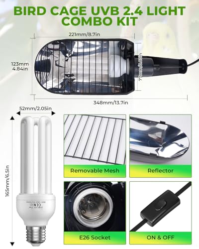 GlowUp UVB 2.4 Bird Cage Light Combo Kit, 20W UVB Bird Light Bulb, Deep U-Shaped Lamp Fixture with Compact Fluorescent Bulb E26 for Captive Birds, Reptiles