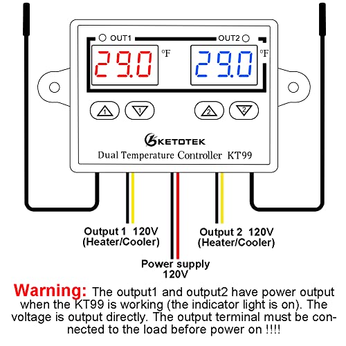 KETOTEK Digital Dual Temperature Controller 120V Fahrenheit Thermostat 10A with 2 1.5m Waterproof Probes, Heating Cooling Temperature Control Switch Refrigerator Fan Heater