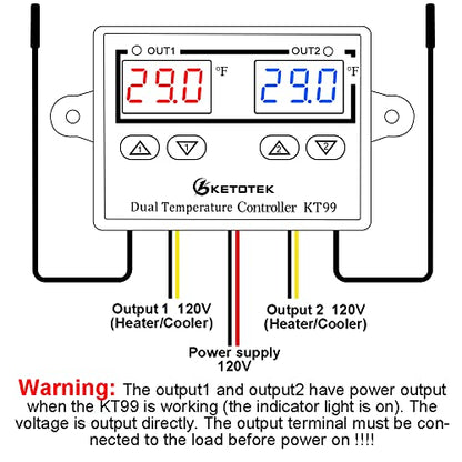 KETOTEK Digital Dual Temperature Controller 120V Fahrenheit Thermostat 10A with 2 1.5m Waterproof Probes, Heating Cooling Temperature Control Switch Refrigerator Fan Heater
