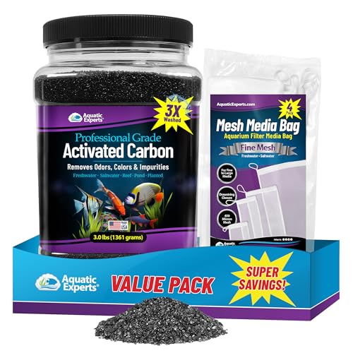 Premium Activated Carbon for Aquariums – 3 lbs Bulk Granulated Charcoal + Four 3" x 8" Fine Mesh Filter Bags, Aquarium Carbon Filter Media for Crystal Clear Fish Tanks - size: 3 lbs + 4 Mesh Bags