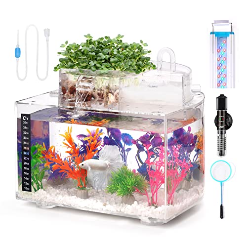 Betta Fish Tank Kit, 2.5 Gallon Aquarium Self-Cleaning with LED Light, Filter, Heater, Decorations and Accessories - Ideal for Hydroponic Growing System and Aquaponics