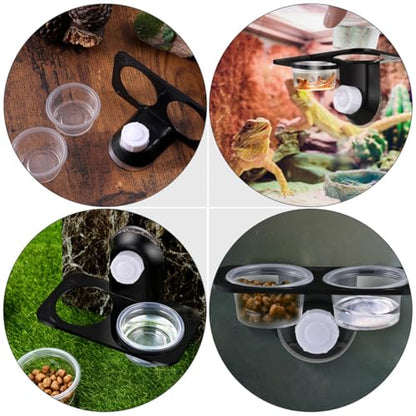 OUNONA Reptile Feeder Double Bowl with Suction Cups, Stable Water Basin Food Dish for Lizards and Geckos, Large Capacity Feeding Bowl for Reptiles and Amphibians, 2pcs Black