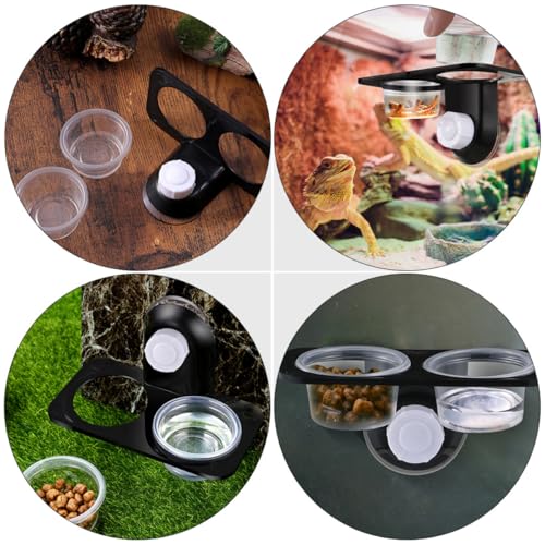 PRETYZOOM 2pcs Reptile Feeding Bowl Double Compartment with Suction Cups, Lizard Food and Water Dish for Crawling Pets, Black Plastic Terrarium Feeding Supplies for Geckos and Lizards
