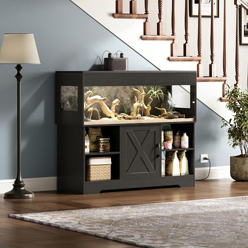 Herture 60 Gallon Reptile Tank with Stand, Terrarium Tank with Storage Cabinet, for Lizards, Skinks, Snakes, Sliding Acrylic Doors, Mesh Top, Built-in Power Outlet Black PX02RTB - color: Black, size: 60 Gallon