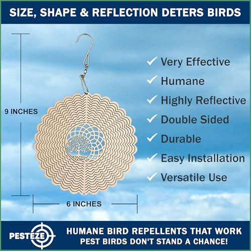 PESTEZE USA Premium Tree of Life Wind Spinner – 6x9’’ Stainless Steel Reflective 3D Hanging Outdoor Spinner for Bird Deterrent, Garden & Yard Metal Ornament | Durable, Decorative & Humane Pest Control
