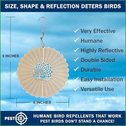PESTEZE USA Premium Tree of Life Wind Spinner – 6x9’’ Stainless Steel Reflective 3D Hanging Outdoor Spinner for Bird Deterrent, Garden & Yard Metal Ornament | Durable, Decorative & Humane Pest Control