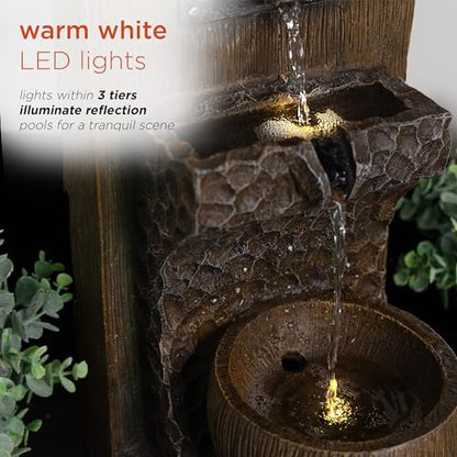 Alpine Corporation ZDQ108 Indoor/Outdoor Floor 3-Tier Fountain with LED Lights, Cascading Garden Water Fountain, 20" H, Brown - style: 20"H - Brown 3-Tier w/ LEDs
