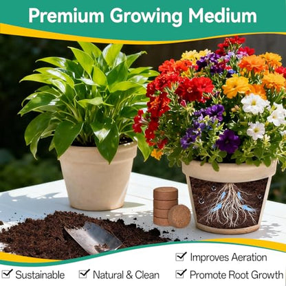 ZeeDix 100pcs(50mm) Coco Coir Pellets Potting Soil Indoor Plants, Compressed Coconut Coir Seed Starting Pellets Soil Discs for Planting Flowers Bonsai Herbs and Vegetables - size: 50mm