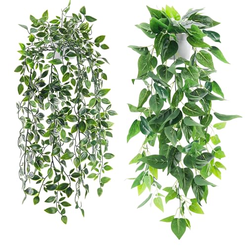 Der Rose 2Pcs Fake Plants Artificial Potted Faux Hanging Ivy Vines Plants Indoor for Home Bathroom Shelf Wall Bookshelf Decor - color: White Pots-2pcs