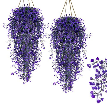 RAINFLOW 2PCS Artificial Hanging Plants Indoor - Vivid Fake Vines with Mini Purple Flowers, Fake Hanging Flowers Ivy Vine for Shelf Wall Living Room Home Garden Patio Balcony Yard Outdoor Decor
