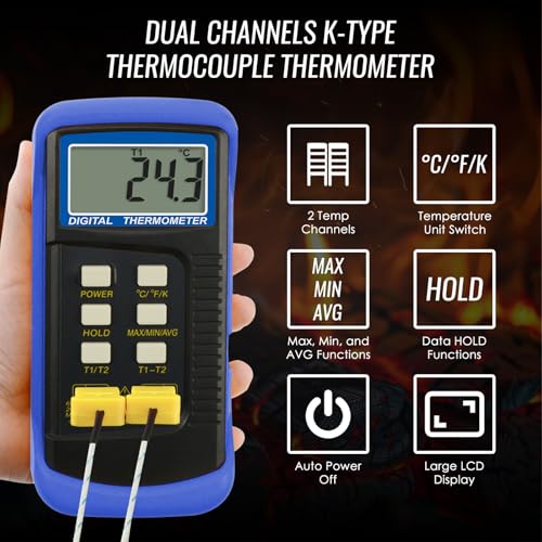 Digital K Type Thermometer with 4 Thermocouples, Dual Channels Thermocouple Tester with MAX/MIN/AVG Temperature Measurement (-501300C)