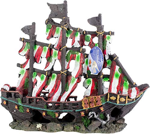 Penn-Plax Deco-Replicas Striped Sail Shipwreck - Realistic Aquarium Shipwreck Ornaments - Durable Resin Nautical Decor for Freshwater & Saltwater Fish Tanks - 14 x 5.5 x 13 Inches, Medium Size