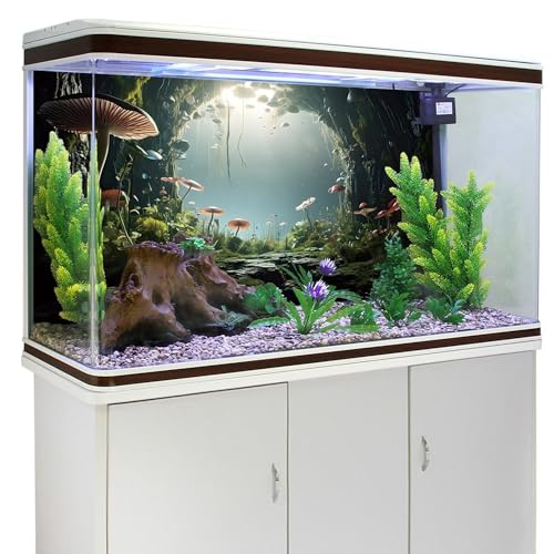 AWERT 48x20 inches Aquarium Background Foggy Stone Mushroom Moss Terrarium Background Polyester Green Plants Cave Fish Tank Background - size: 48x20in/120x50cm