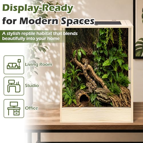 PROLEE 24" x 18" x 36" Tall Reptile Terrarium, 65 Gallon Glass Chameleon Cage, Vertical Crested Gecko Tank with Ventilated Mesh Top, Front Opening Rainforest Habitat, Oak - color: Oak, size: 24" L x 18" W x 36" H, 65 Gallon