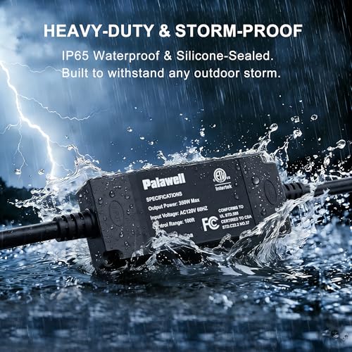 Outdoor Dimmer for String Lights, Plug-in 350W Timer & Remote | IP65 waterproof LED light dimmer switch. 100FT RF remote control works through walls. Perfect for patio & backyard bulbs