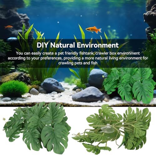 Reptile Plants Artificial Plants Terrarium Plants Decor with Suction Cup Amphibian Habitat Accessories Reptile Hide Decor Rainforest Ground Plant Fish Tank Aquarium Monstera Terrarium Decor