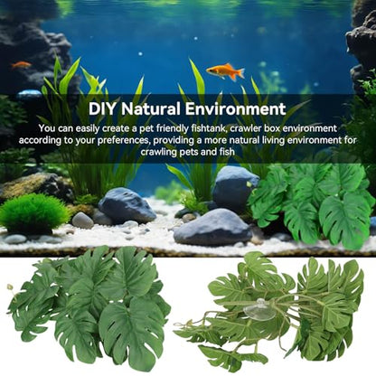 Reptile Plants Artificial Plants Terrarium Plants Decor with Suction Cup Amphibian Habitat Accessories Reptile Hide Decor Rainforest Ground Plant Fish Tank Aquarium Monstera Terrarium Decor