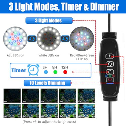 AQUANEAT Clip on Aquarium Light for up to 3 Gal Fish Tank, Auto On Off with Timer, Dimmable Small Fish Tank Light USB for Nano Tank (Small with Timer & Dimmer) - size: Small with Timer & Dimmer
