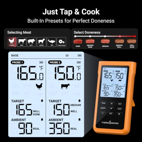 ThermoMaven Sub-1G Wireless Meat Thermometer, No App Needed, 2 Probes | 3000FT Long Range, Digital Smart Base, 6 Sensor NIST Accuracy, IPX8, BBQ Smoker Grill Oven Brisket Steak Turkey Pork Roast - color: Orange