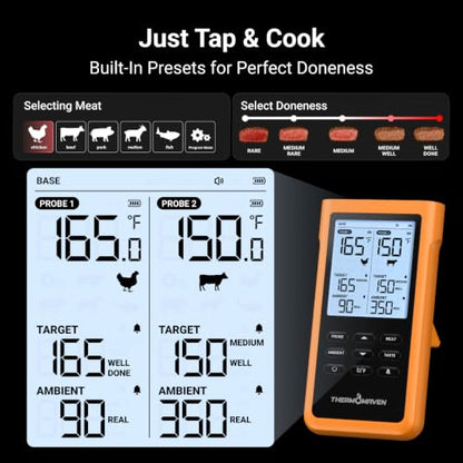 ThermoMaven Sub-1G Wireless Meat Thermometer, No App Needed, 2 Probes | 3000FT Long Range, Digital Smart Base, 6 Sensor NIST Accuracy, IPX8, BBQ Smoker Grill Oven Brisket Steak Turkey Pork Roast - color: Orange