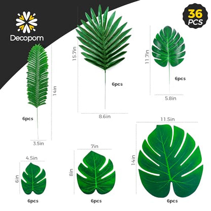 Decopom Palm Leaves Artificial Tropical Monstera 36Pack 6 Kinds Large Small Green Fake Palm Leaf with Stems - style: 36 Pack