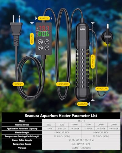 SEAOURA Small Aquarium Heater, 50W Mini Fish Tank Heater 5-10 Gallon, Adjustable Submersible Turtle Betta Heater with External Digital Display Intelligent Safety Protection for Fresh/Saltwater - size: Tank for 5-10 Gallon