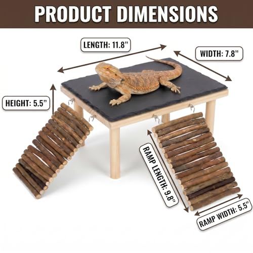 Bearded Dragon Basking Platform, Natural Slate Reptile Basking Rock with Wooden Climbing Ramp, Terrarium Habitat Decor for Lizard, Leopard Gecko, Tortoise, Snake (Large with 2 Wooden Climbing Ramp) - size: Large with 2 Wooden Climbing Ramp