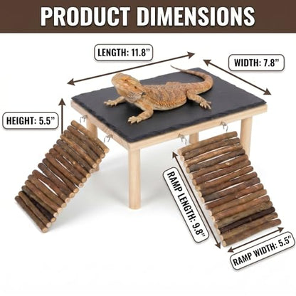 Bearded Dragon Basking Platform, Natural Slate Reptile Basking Rock with Wooden Climbing Ramp, Terrarium Habitat Decor for Lizard, Leopard Gecko, Tortoise, Snake (Large with 2 Wooden Climbing Ramp) - size: Large with 2 Wooden Climbing Ramp