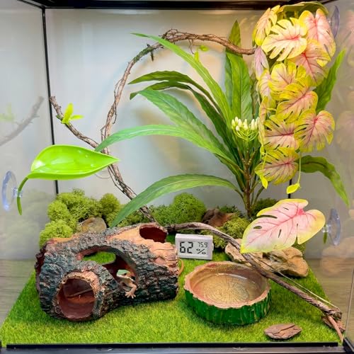 Crested Gecko Tank Accessories Kit，Tree Trunk Hideout, Artificial Plants | Feeding Bowl, Jungle Vines , Resting Leaves Platform , hygrometer thermometer , for Leopard Gecko, Frogs, Hermit Crabs