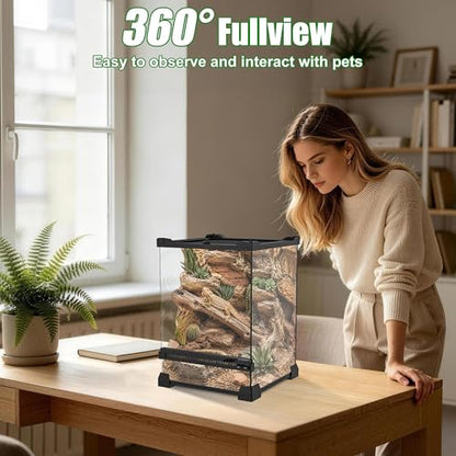 Reptile Terrarium 8"x8"x12" Mini, Front-Opening Glass Tank with Mesh Lid & Lock, 360° Glass Enclosure for Small Reptiles, Frogs, Tarantulas, Jumping Spiders & Geckos - size: 8" x 8" x 12"