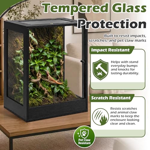 PROLEE 24" x 18" x 36" Tall Reptile Terrarium, 65 Gallon Glass Chameleon Cage, Vertical Crested Gecko Tank with Ventilated Mesh Top, Front Opening Rainforest Habitat, Black - color: Black, size: 24" L x 18" W x 36" H, 65 Gallon