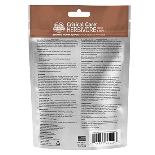 Oxbow Critical Care Herbivore, Fine Grind, Emergency Rabbit & Guinea Pig Food, Made with Timothy Hay, Natural Papaya Flavor, Assist Feeding Formula for Pets, 100 gram bag - size: 3.53 Ounce (Pack of 1)