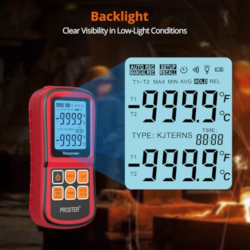 Proster Digital Thermocouple Temperature Thermometer Dual Channel - with Two K-Type Thermocouple Probe, Backlight LCD Thermometer for K J T E R S N Type