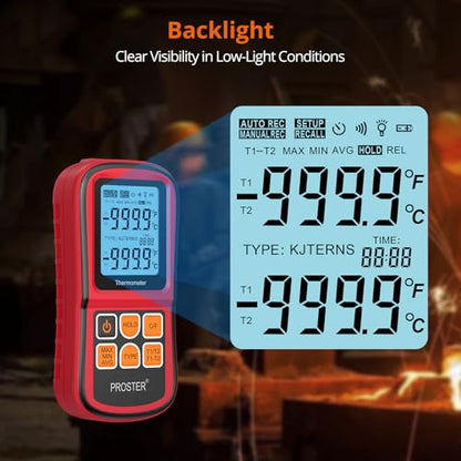 Proster Digital Thermocouple Temperature Thermometer Dual Channel - with Two K-Type Thermocouple Probe, Backlight LCD Thermometer for K J T E R S N Type